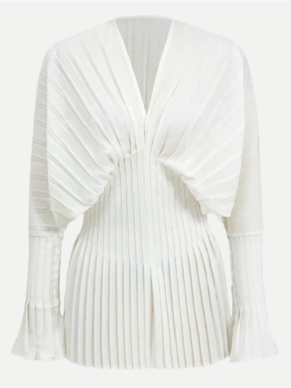 White Pleated V-Neck Long Sleeve Top